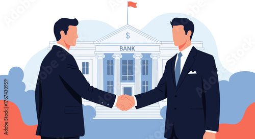 Two businessmen shaking hands in front of a government building.