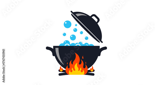 Cooking Pot Bubbling With Boiling Water Over Open Fire.