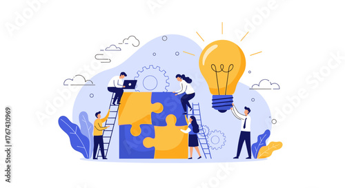 Teamwork and Collaboration Building a Puzzle Solution with Lightbulb Idea.