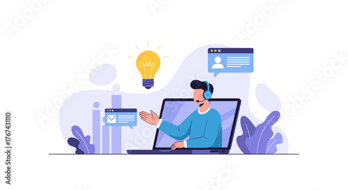 Customer Support Agent Providing Online Assistance Through Laptop.