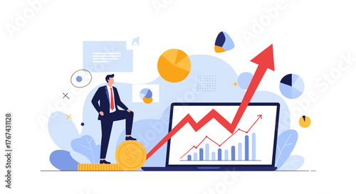 Business growth concept with businessman and rising stock chart on laptop screen.