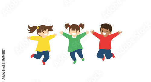 Three happy diverse children jumping together in the air.