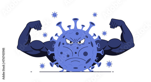 Angry Blue Coronavirus Character Flexing Biceps Muscles.