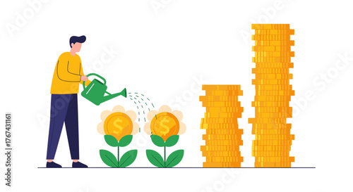 Man Watering Money Plants Growing into Stacked Coins.