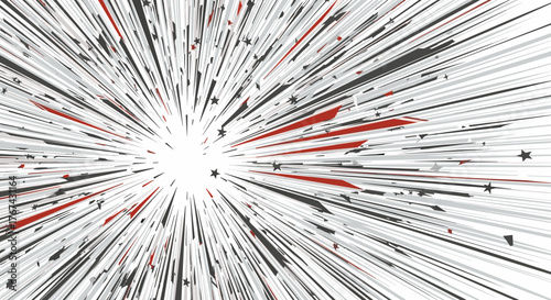 Abstract explosion of light and lines with red accents.