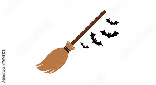 Halloween Witch Broom with Flying Bats.