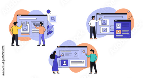 People interacting with user interfaces and profiles on screens.