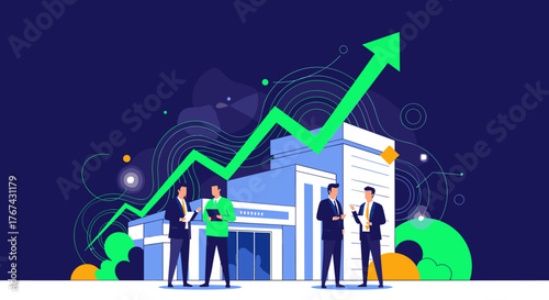 Business growth and success with upward trending graph and modern building.