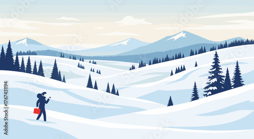 Winter Landscape with a Person Walking Through Snow.