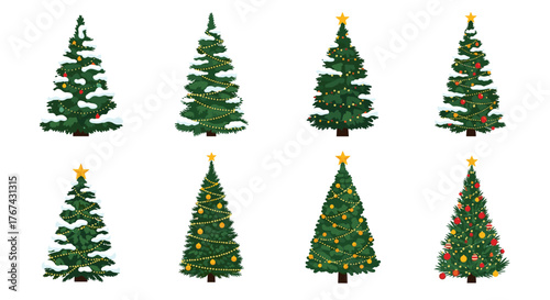 Collection of Eight Decorated Christmas Trees Isolated on White Background.