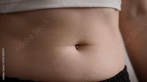 Close Up of Smooth Female Abdomen with Navel Ring in Soft Lighting