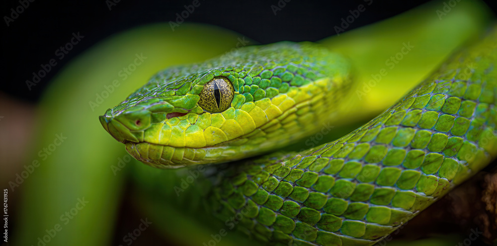 Obraz premium Bright green snake resting on a branch in a tropical setting with vibrant foliage during the day