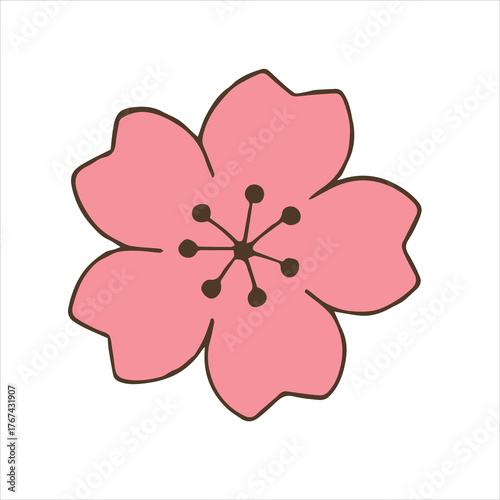Simple pink cherry blossom flower in flat cartoon vector style for spring and floral design