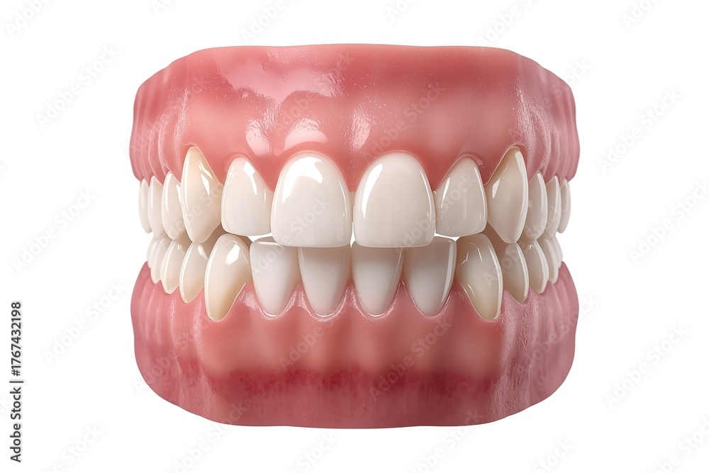 Fototapeta premium Complete Set of Dentures Depicting a Full Arch Restoration for Edentulous Patients Ideal for Prosthetic Dentistry Education and Clinical Demonstrations