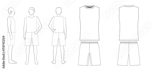 メンズテニスユニフォームのテンプレート（ノースリーブ・ショートパンツ・前・後・横・平面図）Men's Tennis Uniform Template – Sleeveless Top with Shorts, Front, Back, Side & Flat Views
