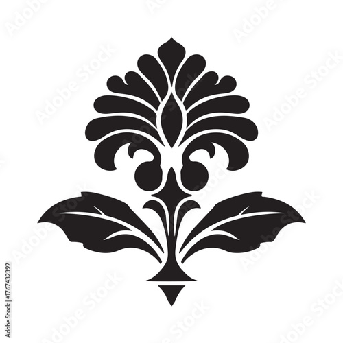 elegant floral damask ornament vector in a symmetrical silhouette style for luxury branding.