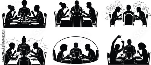 Happy family eating dinner together at home, dining table conversation and bonding illustration
