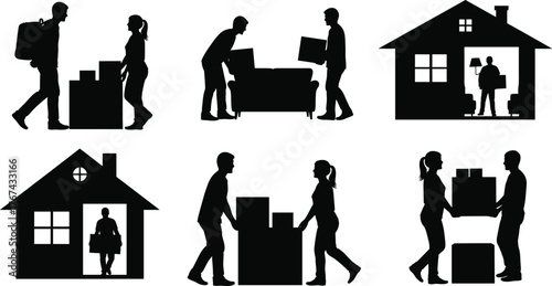Moving home couple carrying boxes silhouettes, relocation teamwork, house shifting concept vector