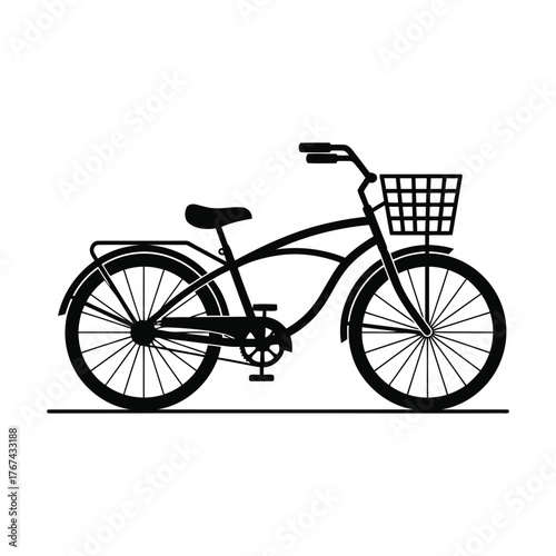 Black and white silhouette of a cruiser bicycle with a front basket, isolated on white background
