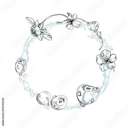 Sweet cherry cerise flying in water splashes drops, hand drawn vector ink, line garden berry, white flowers leaves. Circle wreath frame illustration. Restaurant cafe menu, farmers market, wedding