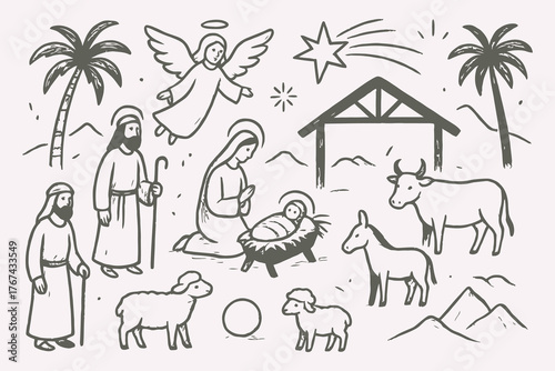 Hand Drawn Nativity Scene Christmas Vector Set – Spiritual Sketchbook Style Black and White Illustration