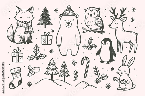Hand Drawn Winter Animals Christmas Pattern in Sketchbook Style – Black and White Seamless Vector Set