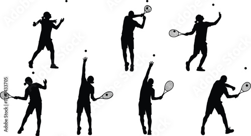 Multiple tennis player silhouettes, serving, swinging racquets, isolated on white background, action sequence