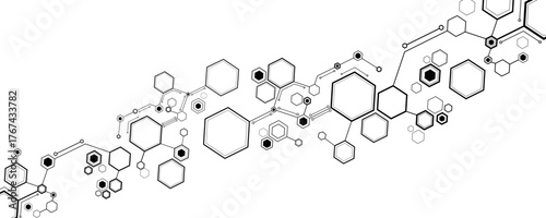 Connected black circuit hexagons on white background for Technology or Science backdrop. Cyber hexagonal pattern for scientific research presentation or tech concept. Vector Illustration.