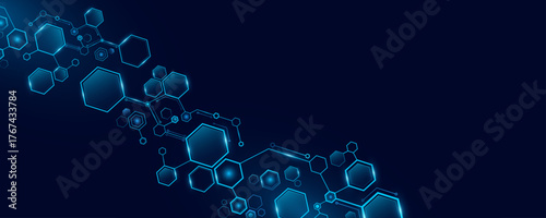 Futuristic connected blue hexagons with light effects for Technology or Science background. Cyber hexagonal pattern for scientific research presentation. Vector Illustration.