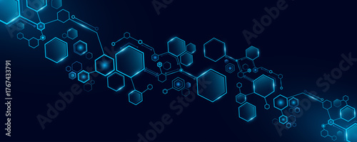Abstract connected blue hexagons with light effects for Technology or Science background. Cyber hexagonal pattern for scientific research presentation. Vector Illustration.