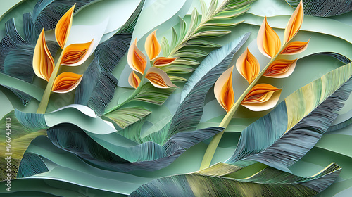 Exotic Flora Quilled Paper Art Depicting Tropical Leaves and Flowers with Vibrant Colors