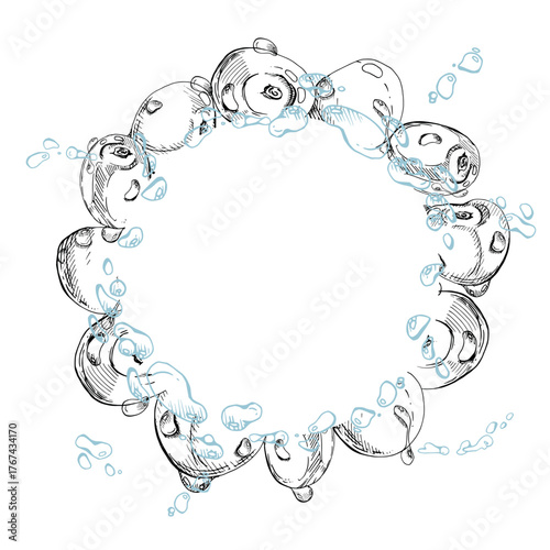 Sweet sour cherry cerise flying in water splashes drops, hand drawn vector ink, ripe line garden berry and leaves. Circle wreath frame illustration. Restaurant cafe menu, farmers market, wedding