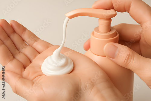 Closeup of a hand dispensing white lotion from a pump bottle onto the palm of another hand