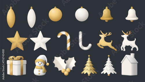 3D gold and white Christmas ornaments isolated collection graphic illustration.
