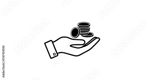 Simple line art icon of a hand holding a stack of coins symbolizing wealth and financial gain
