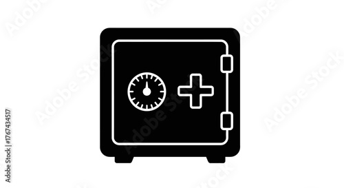 Black silhouette of a secure safe with a dial lock and a plus symbol on its door