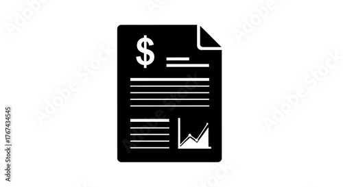 Black and white icon of a financial document with dollar sign and graph