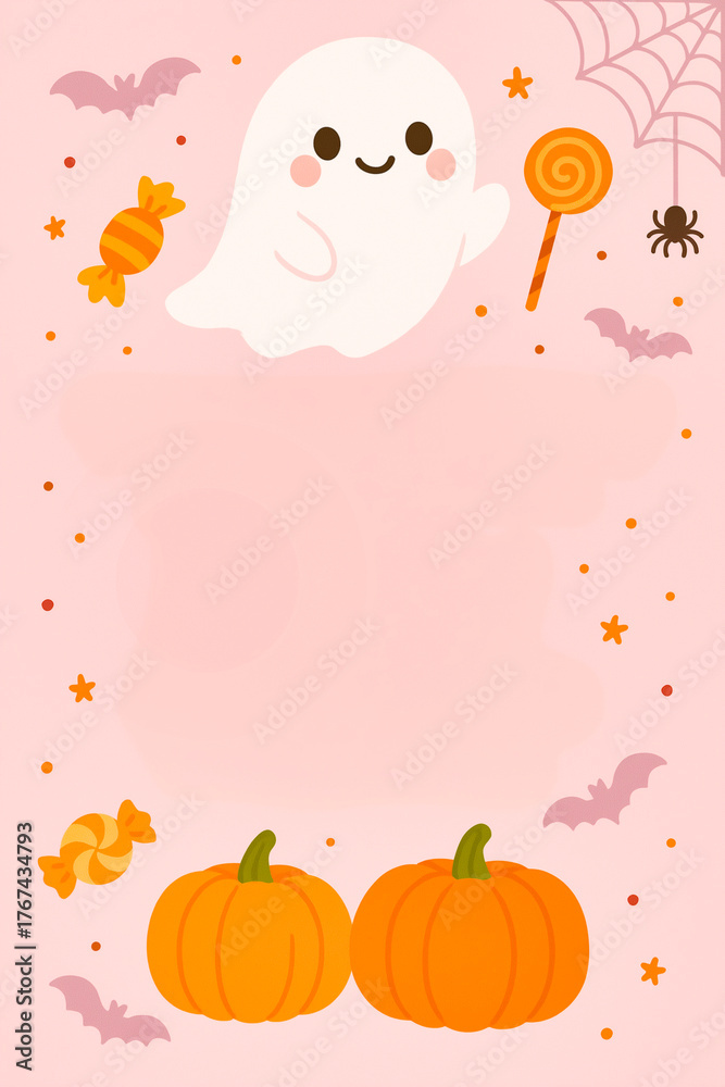 Fototapeta premium Cute halloween frame with ghost pumpkins candies bats and spiderweb on pink background adorable cartoon design for kids party invitation or decoration