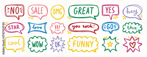 Bright hand drawn speech bubbles with short fun messages, decorative elements for design