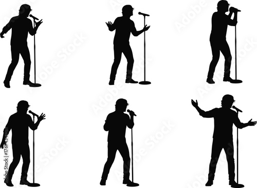 Silhouette of male singer performing with microphone stand on stage concert illustration