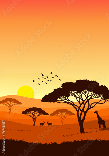 Vector illustration of a beautiful African safari landscape with wild animals and acacia trees during a warm orange sunset