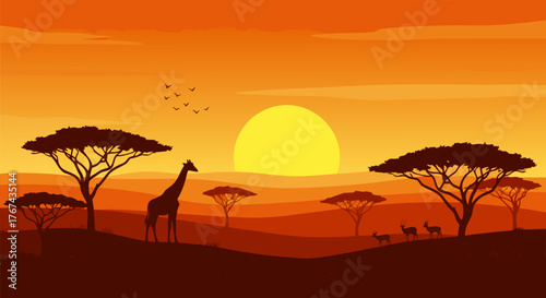 African Savannah at Sunset A Majestic Giraffe and Gazelles Roam Under Acacias