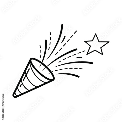 Vector art of a simple black and white line drawing of a party popper with a star celebration, party, event, festive, fun