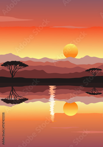 African Sunset Serenity Tranquil Landscape with Trees and Water Reflection