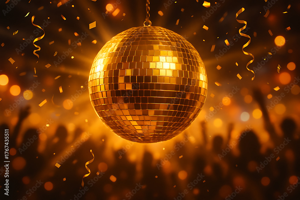 Obraz premium Brightly shining golden disco ball hanging over a blurred new year's eve party crowd with confetti and festive warm bokeh lights