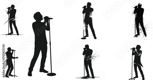 Silhouette of singer performing with microphone, music concert art, vocalist illustration design