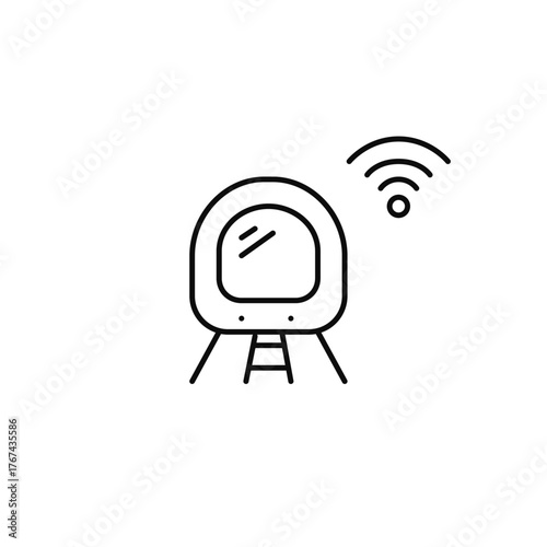 Subway train on tracks and wi-fi. Urban connectivity, digital mobility and internet connection. Live tracking. Pixel perfect, editable stroke vector icon