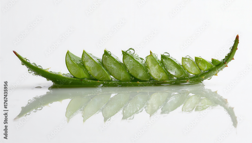 Naklejka premium Freshly cut aloe vera leaf with water droplets resting on a reflective surface