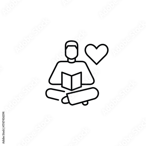 Man reading a book at home and heart. Remote education, love for learning, engaged reading. Pixel perfect, editable stroke vector icon