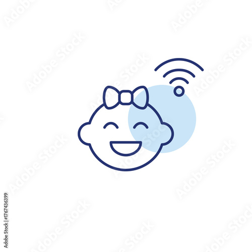 Smiling baby girl and wi-fi. Infant friendly monitors, connected parenting. Pixel perfect, editable stroke vector icon
